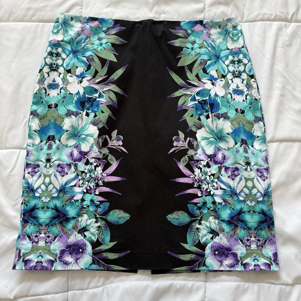 Roz & Ali Skirt Womens 14 Black Midi Pencil Floral Flowers Slit Feminine Whimsy